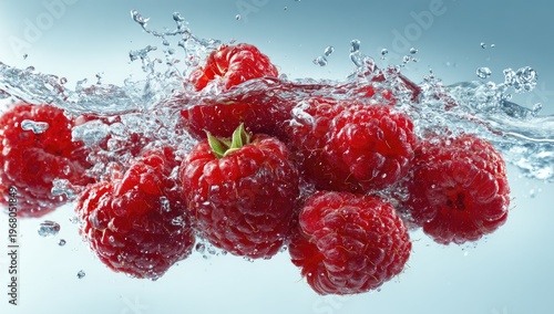 Juicy red raspberries splashing in clear water, creating a refreshing spray against a light blue backdrop