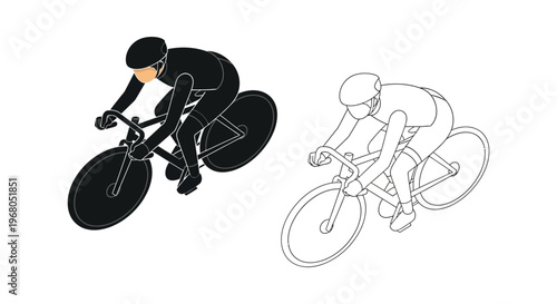 Two depictions of a cyclist riding a racing bike one solid black and the other outlined a striking silhouette high quality