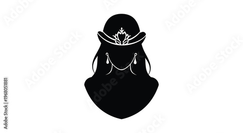 A striking black silhouette depicts a veiled woman adorned with a crown and delicate jewelry creating a regal silhouette high quality