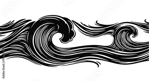 Waves in a dynamic, hand-drawn woodcut style create a seamless horizontal pattern, evoking traditional art forms and the powerful movement of water.