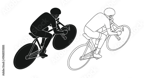 Two cyclists in dynamic motion are depicted in contrasting styles one solid black and one outlined a striking silhouette high quality