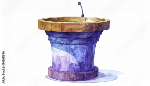 Watercolor illustration of a podium with a microphone, purple and brown