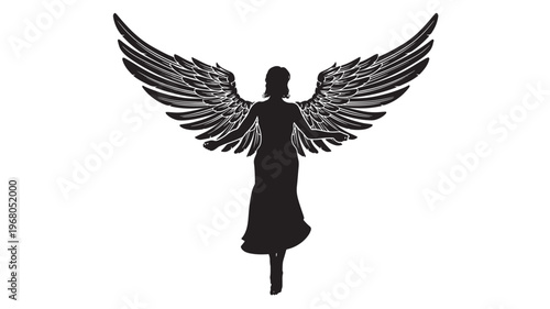 Angel silhouette with large feathered wings spread wide against a white background, symbolizing freedom and power.