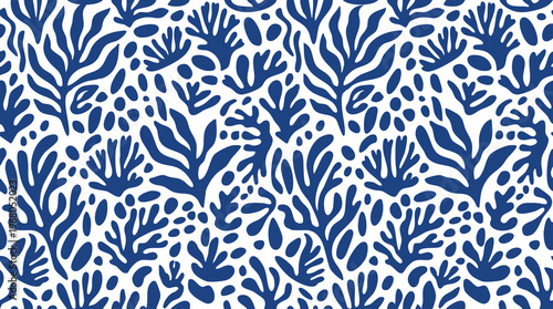 Blue and white coral pattern creates a seamless textile design.