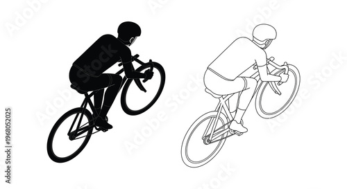 Two cyclists viewed from behind one in solid black and the other in white line art a striking silhouette high quality