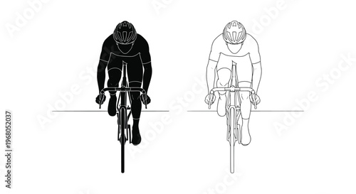 Two cyclists facing forward depicted in a minimalist style showcasing athletic posture and equipment silhouette high quality professional detailed modern elegant