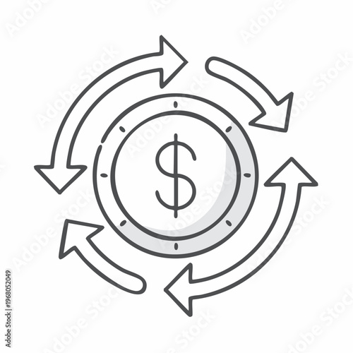 Line art illustration of a dollar coin with circular arrows depicting money flow or financial cycle.