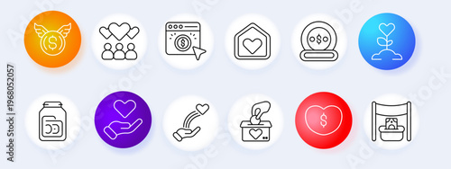 Donation finance set icon. Coin wings group payment house savings plant jar hand gift heart box line icons minimal outline style charity money objects collection.