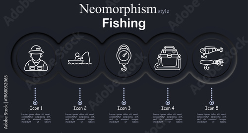 Fishing set icon. Neomorphic dark interface circles with line symbols of fisherman hat vest, angler boat rod, hanging fish scale weight, tackle bag box, fishing lure bait