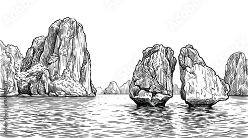 A detailed ink sketch of limestone karsts rising from the sea, showcasing the dramatic geological formations of a tropical bay.