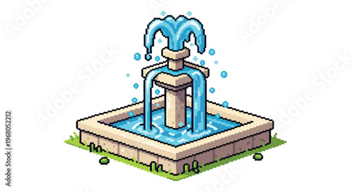 This is a pixel art vector illustration of a three-tiered stone water fountain with blue water flowing into a square basin on green grass.