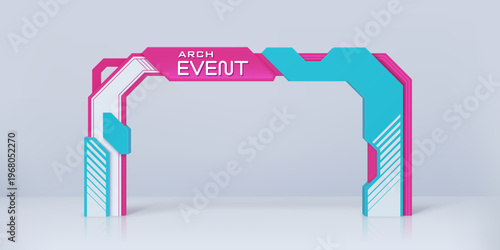 Exhibition event arch gate and modern entrance gateway portal frame, vector mockup. Event gate tall cyan pillars and bold magenta header slab for exhibition entrance gate to expo show welcome gateway