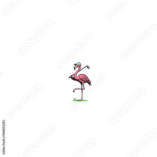 Pink Flamingo Play Golf. Сartoon character. Vector illustration