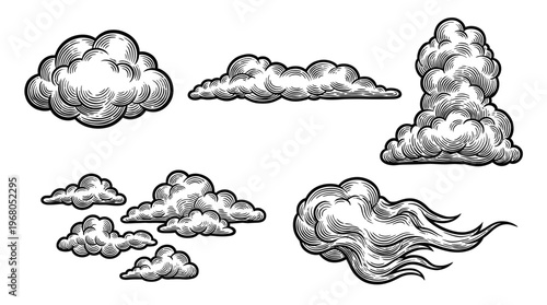 A collection of hand-drawn, vintage-style illustrations depicting various cloud formations against a white background.
