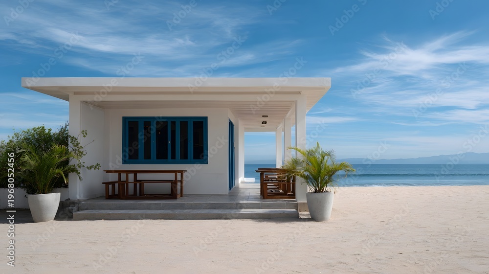 Fototapeta premium A minimalist white beach cafe with blue overlooks the serene ocean on a sunny day