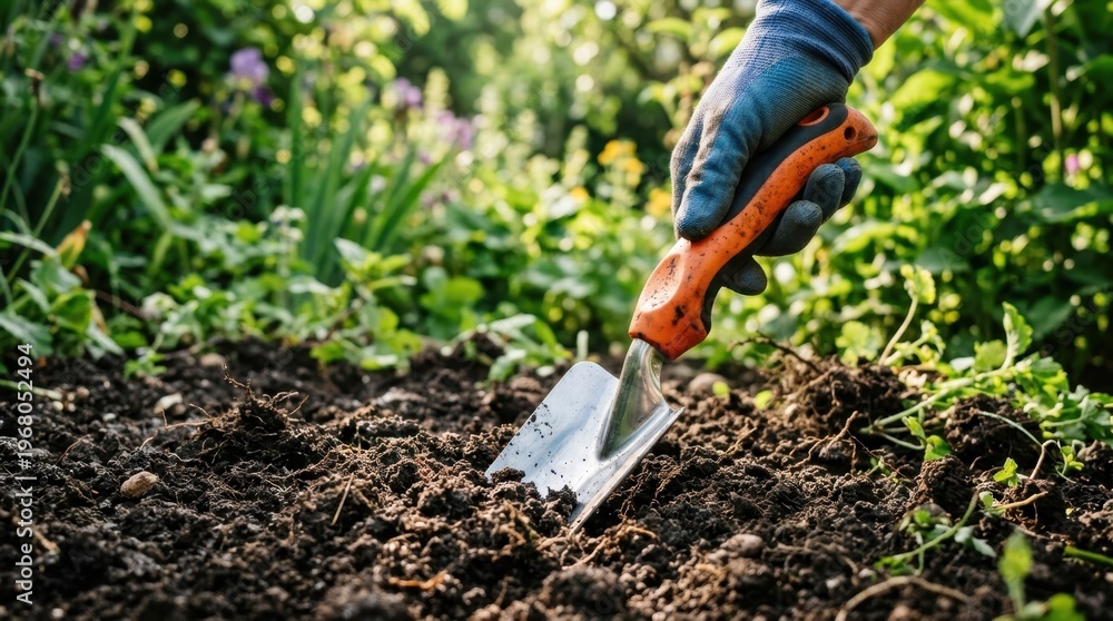 Fototapeta premium Gardener's hand wearing glove using orange handled trowel to dig into rich soil for planting