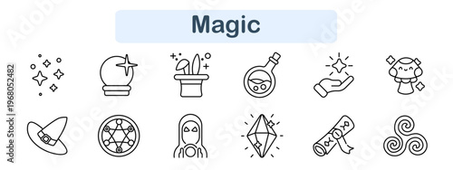 Magic set icon. Sparkles, crystal ball, magician hat, potion bottle, wand hand, witch hat, spell circle, hooded figure, crystal, scroll, mystical objects, fantasy magic line icons