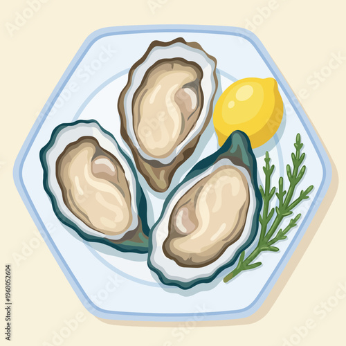 This appetizing image showcases fresh oysters beautifully arranged on a plate, complemented by a lemon slice, perfect for food lovers and seafood enthusiasts.