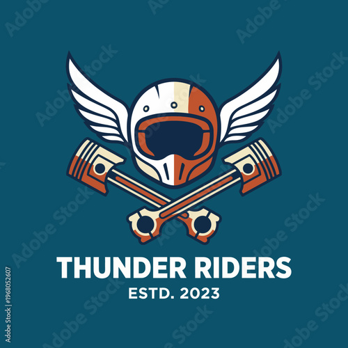 This striking logo design features a winged helmet and crossed pistons, representing freedom, adventure, and the thrill of motorcycle riding, perfect for a biker club.