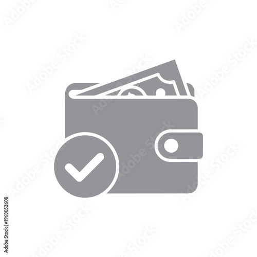 A wallet with currency and a checkmark icon indicating approval or successful transaction on a plain background.