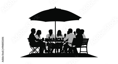 A group of people are seated around a table under a parasol enjoying a moment of leisure a striking silhouette