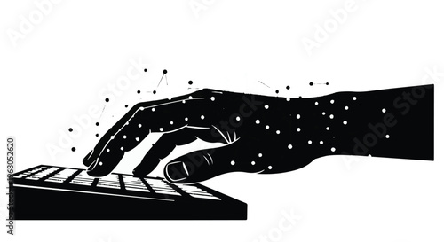 A hand typing on a keyboard signifies data entry and digital interaction.