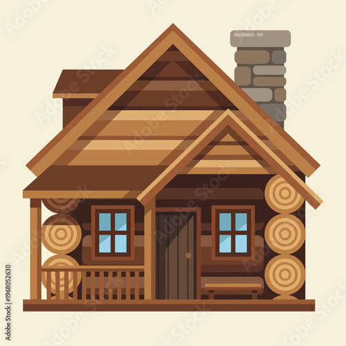 A charming log cabin featuring a stone chimney and blue windows, nestled in a peaceful environment, capturing the essence of rustic living and cozy getaways for nature lovers.