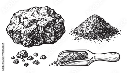 Natural solid and crushed coal minerals illustration set isolated on transparent background