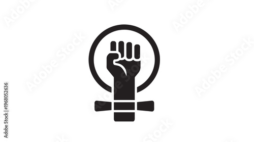 Fist symbol with Venus mirror integrated, representing feminism and women's rights in a bold graphic style.
