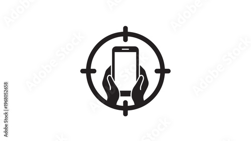 Smartphone in hands icon with crosshairs target symbol, representing focus and surveillance on mobile devices