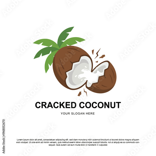 A cracked coconut with its white flesh exposed, surrounded by a green palm tree, representing tropical freshness and indulgence in natural flavors from the exotic fruit.