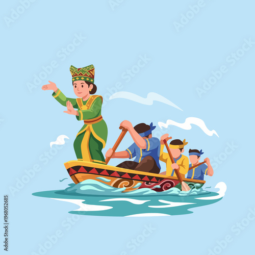 A vibrant illustration depicting a group of rowers led by a traditional figure on a scenic river, representing cultural heritage and teamwork in a harmonious aquatic environment.