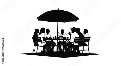 A group of people seated at a table under an umbrella depicted in a striking black silhouette high quality professional detailed