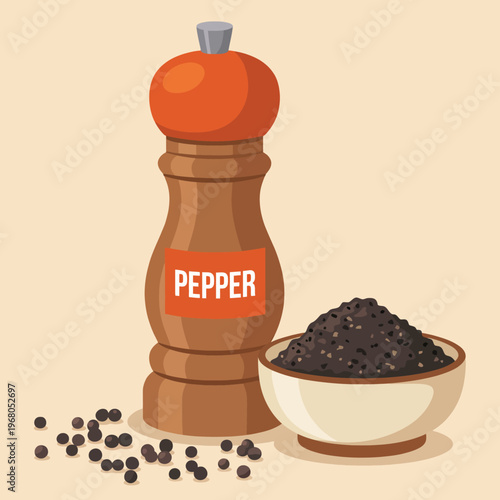 A pepper mill and bowl filled with black pepper, set against a simple background, illustrating the culinary essentials and flavors that enhance food preparations in modern kitchens.