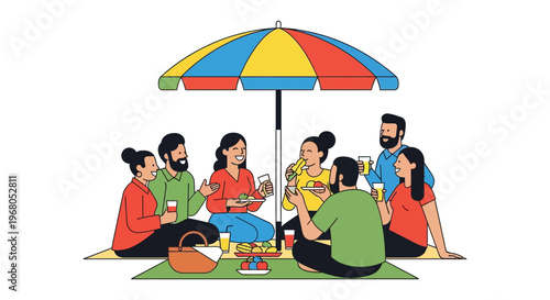 A colorful illustration depicts people enjoying a picnic under a vibrant beach umbrella showcasing a striking silhouette high quality professional detailed