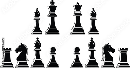 Black chess pieces set, strategy game concept, monochrome illustration, king queen bishop knight rook pawn arrangement isolated on white background