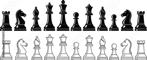 Chess pieces collection, black and white sets, king queen rook bishop knight pawn, strategy board game illustration, classic design elements