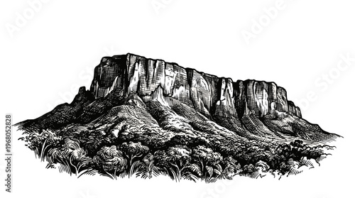 A detailed, vintage-style illustration of a majestic tabletop mountain, also known as a mesa or tepui, surrounded by lush vegetation at its base.