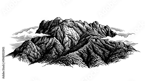 A highly detailed, black and white engraving of a majestic mountain range emerging from a bed of clouds, showcasing rugged peaks and intricate textures.