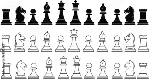 Chess pieces detailed collection, black and outline styles, king queen rook bishop knight pawn, strategy board game illustration set