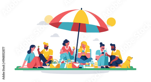 A colorful illustration depicts people relaxing and enjoying a picnic under a striped umbrella a charming silhouette high quality professional detailed
