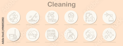 Cleaning set icon. Line symbols depict soap bubbles, mop tool, spray bottles, stain marker, vacuum machine, detergent sprayer, bucket with mop, foam surface, service calendar