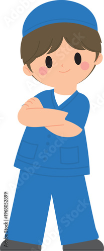 Cute Boy Doctor Cartoon Character in Blue Medical Uniform