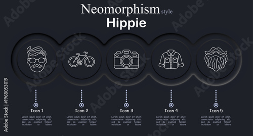 Hippie set icon. Neomorphic circular interface line icons with man hairstyle sunglasses moustache portrait, bicycle outline, vintage camera body, casual shirt clothing