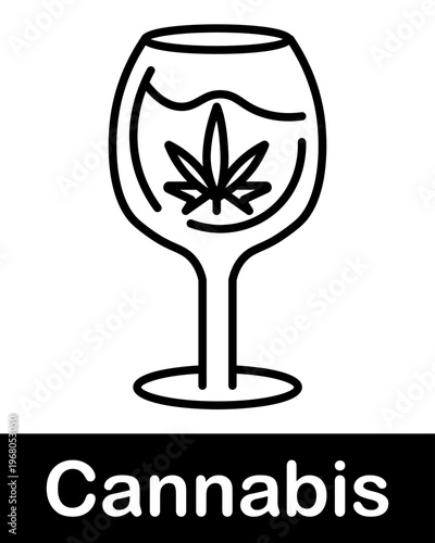 Wine glass with cannabis leaf line icon representing infused drink, marijuana beverage and lifestyle concept in minimal outline style
