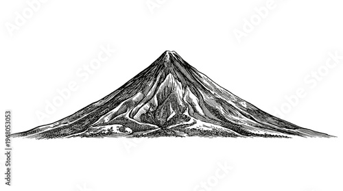A detailed, hand-drawn sketch of Mount Fuji, showcasing its iconic conical shape and rugged, textured slopes.