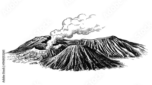 A detailed, hand-drawn illustration of a volcanic landscape featuring multiple peaks, craters, and erupting smoke.