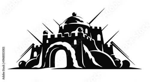 A majestic and fantastical castle silhouette, featuring a prominent domed roof, imposing spires, and sturdy battlements, stands as a symbol of strength and historical grandeur in a minimalist style.