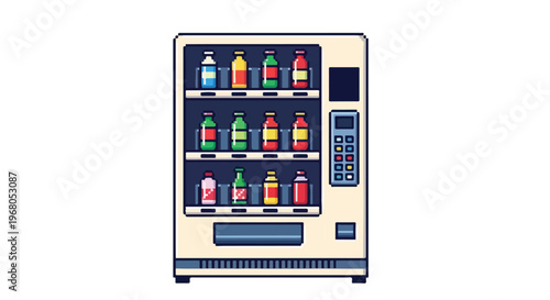 A charming pixel art depiction of a cream-colored vending machine containing rows of vibrant, pixelated drink bottles on a white background.