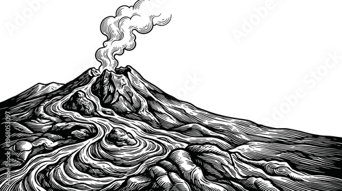An artistic black and white illustration of a smoking volcano with lava flowing down its slopes and into a riverbed.
